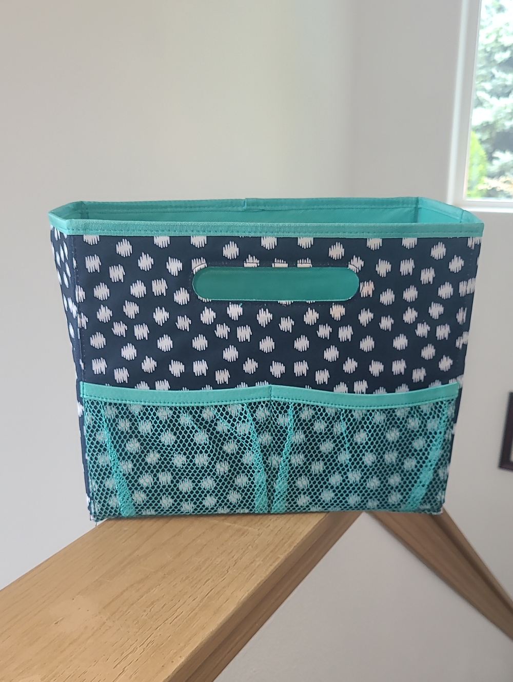 thirty-one Navy and Turquoise Patterned Fabric Storage Bin